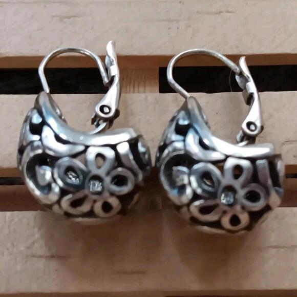 Floral Scroll Work Black and Silver Tone Lever Back Earring, Dangle - Picture 5 of 8